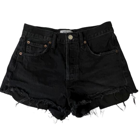 AGOLDE Parker Exposed Pocket Cutoff Shorts Black Denim Frayed Hem Size 24 - Picture 1 of 8